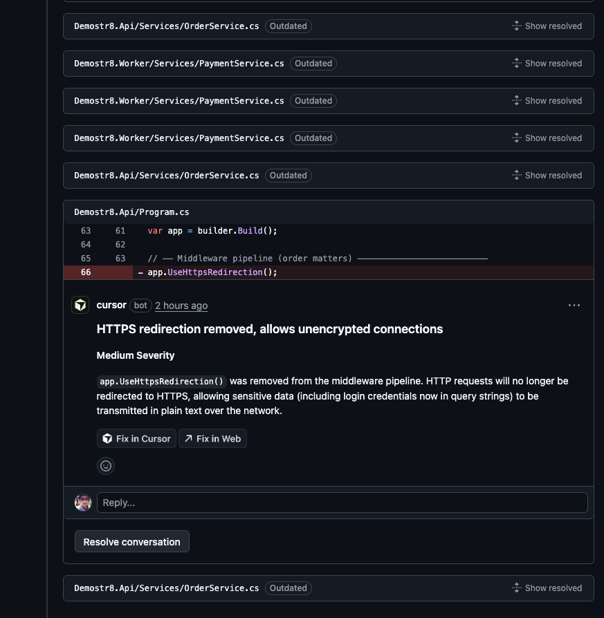 BugBot review showing some comments marked as Outdated with Show resolved labels while others remain open despite being fixed