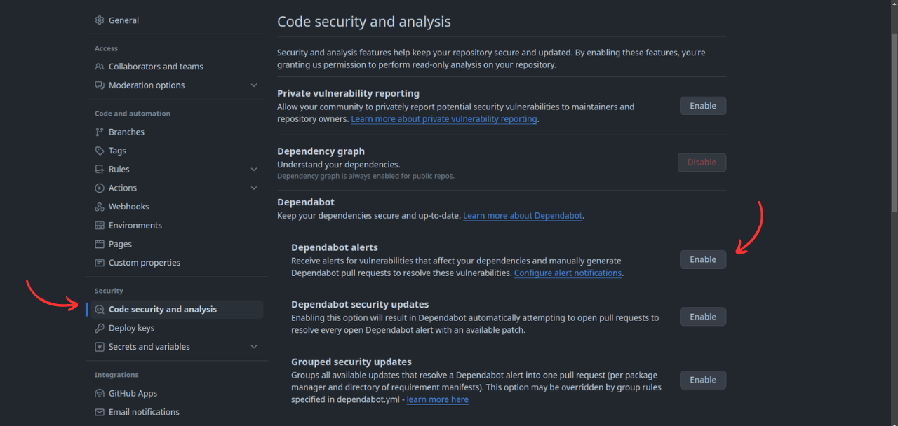 Security GitHub repository settings