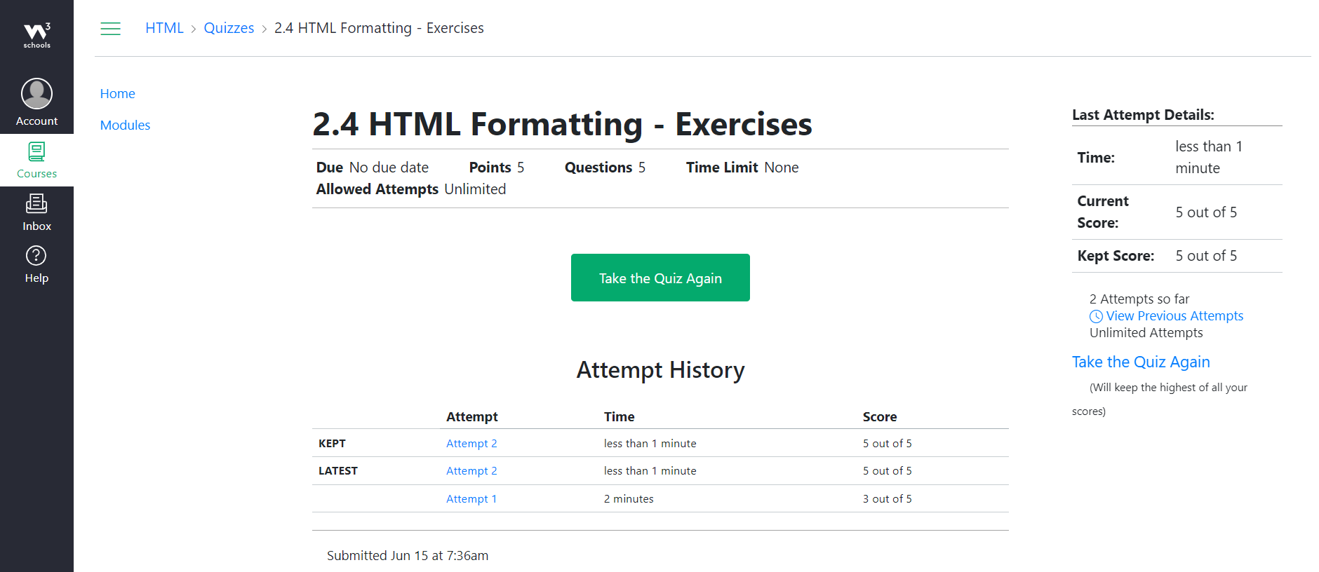 HTML course exercises quiz completed