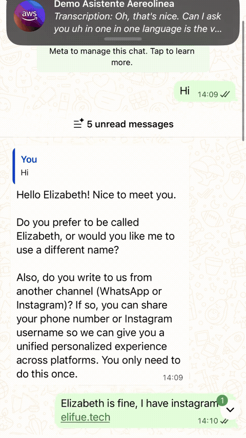 AI agent transcribing and responding to a WhatsApp voice note in real time using Amazon Transcribe