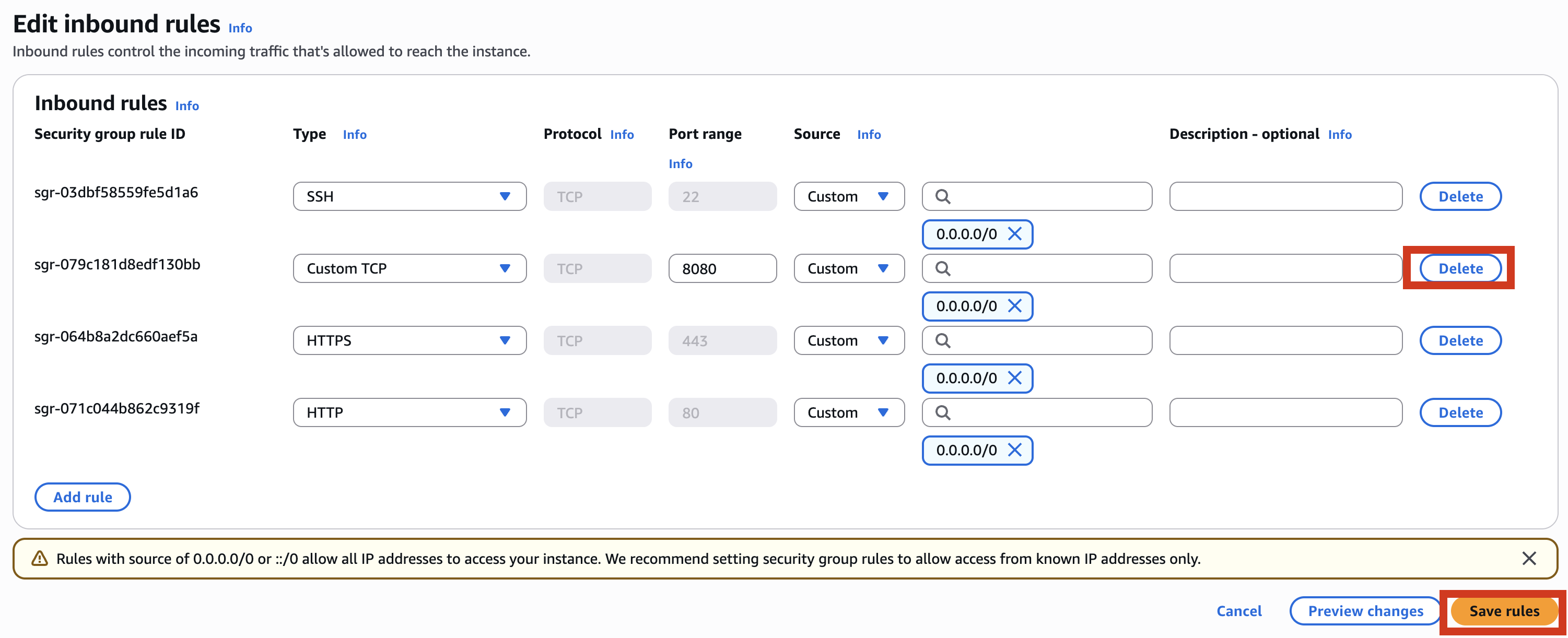 Confirm removal of port 8080 rule