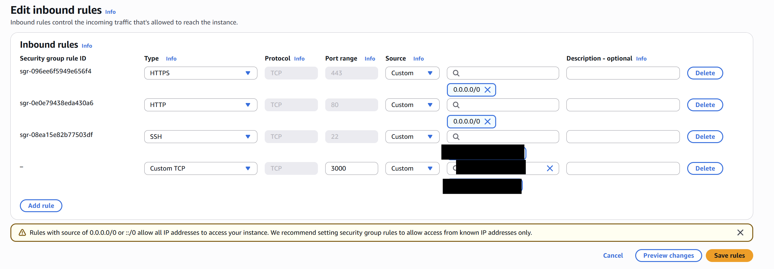 Inbound rules editor with custom TCP rule for port 3000 restricted to your IP
