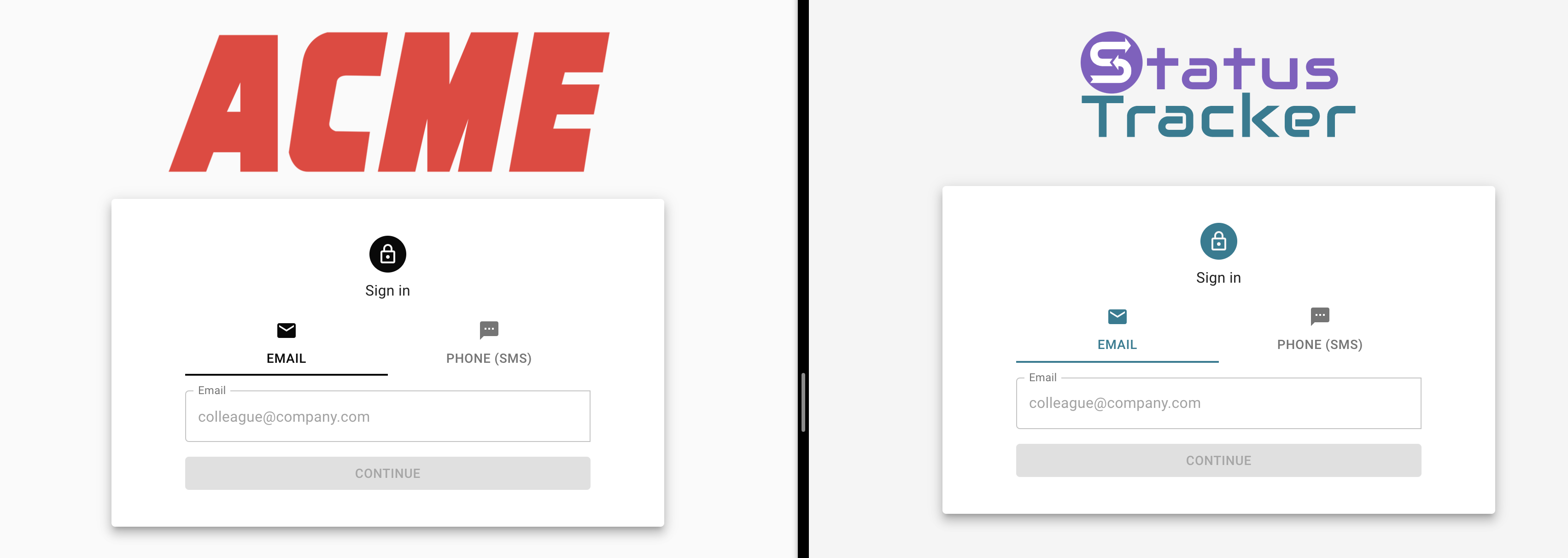 Two screenshots of the customer portal showing a logo and a simple login form. One screenshot uses the Status Tracker logo and colors - purple and green-ish. The other uses a logo for Acme, Inc. and their brand colors - red and black.