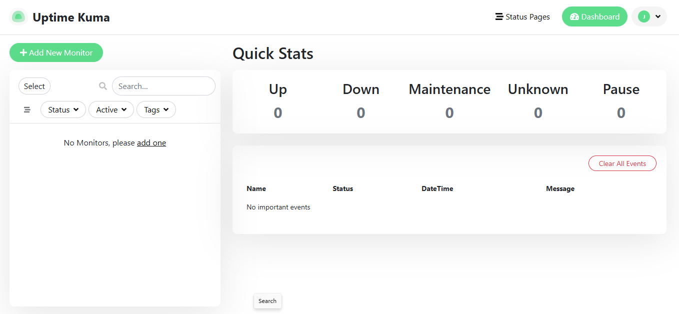 Uptime Kuma dashboard after login