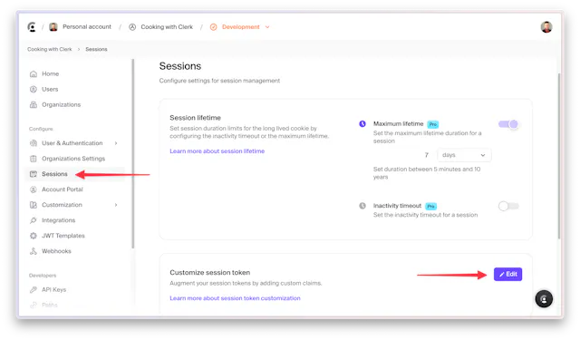 The sessions tab of the Clerk Dashboard