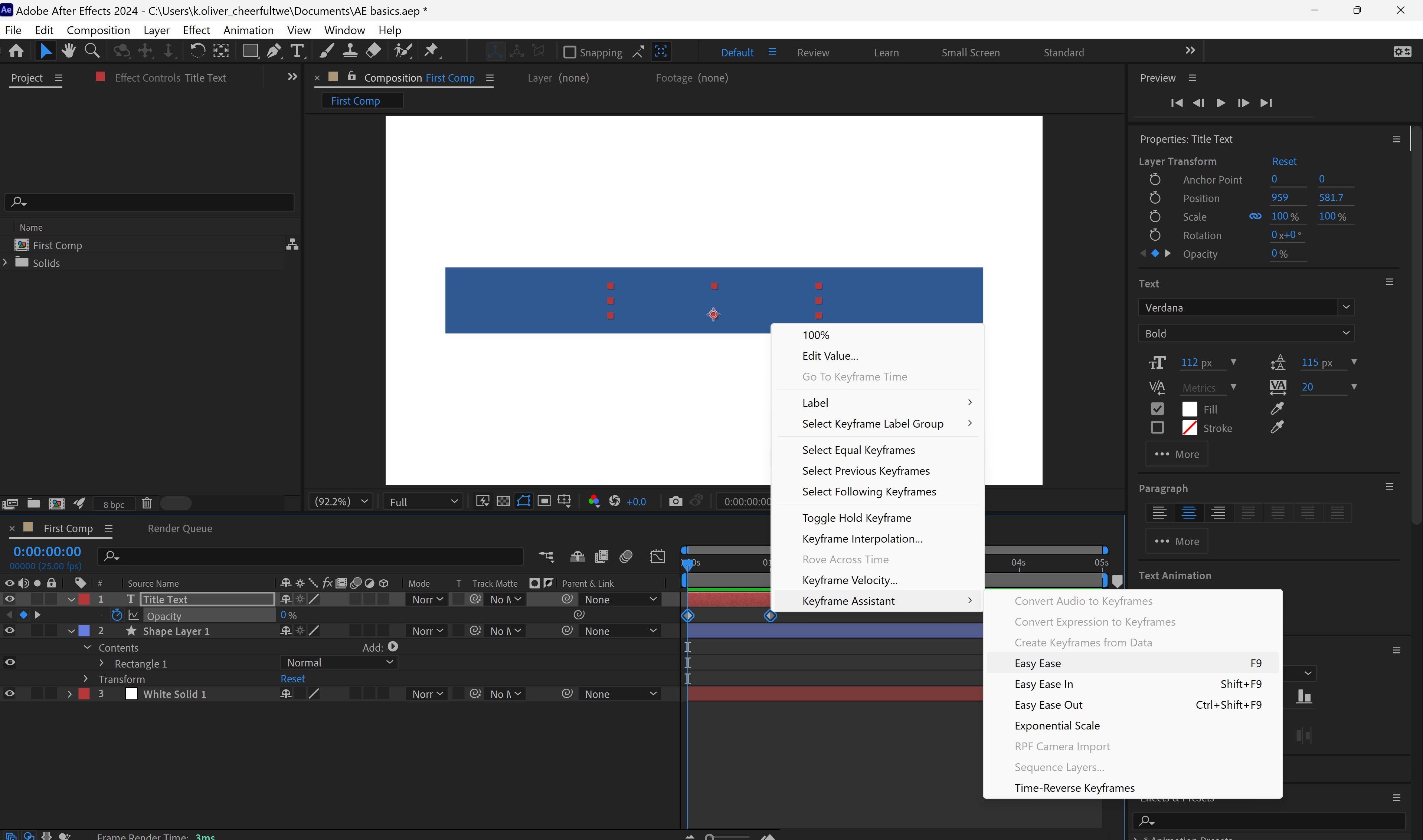Screenshot showing the journey after selecting both keyframes and right clicking on one of them, to get to keyframe assistanct/easy ease.