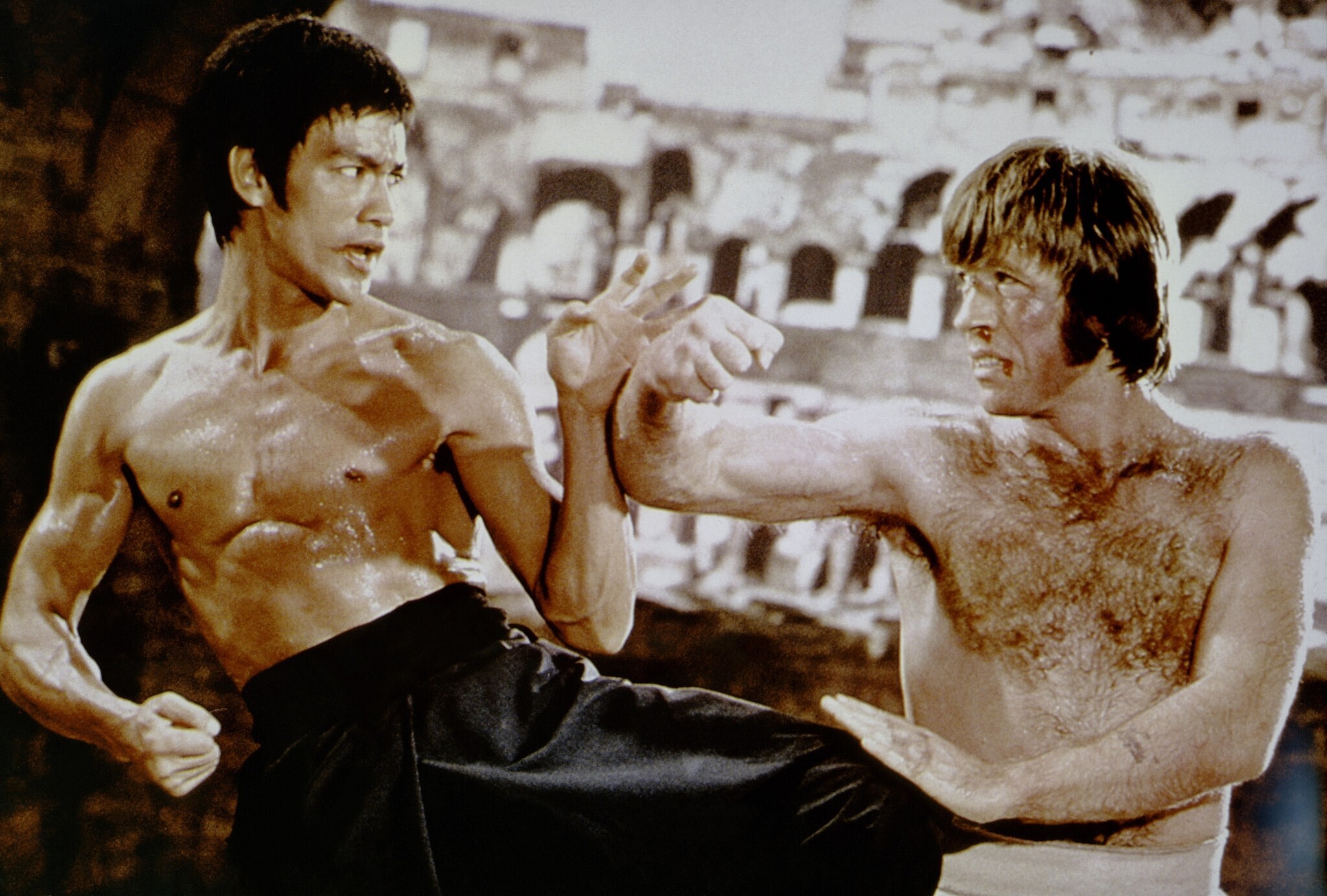 Scene from The Way of the Dragon of Bruce Lee fighting Chuck Norris