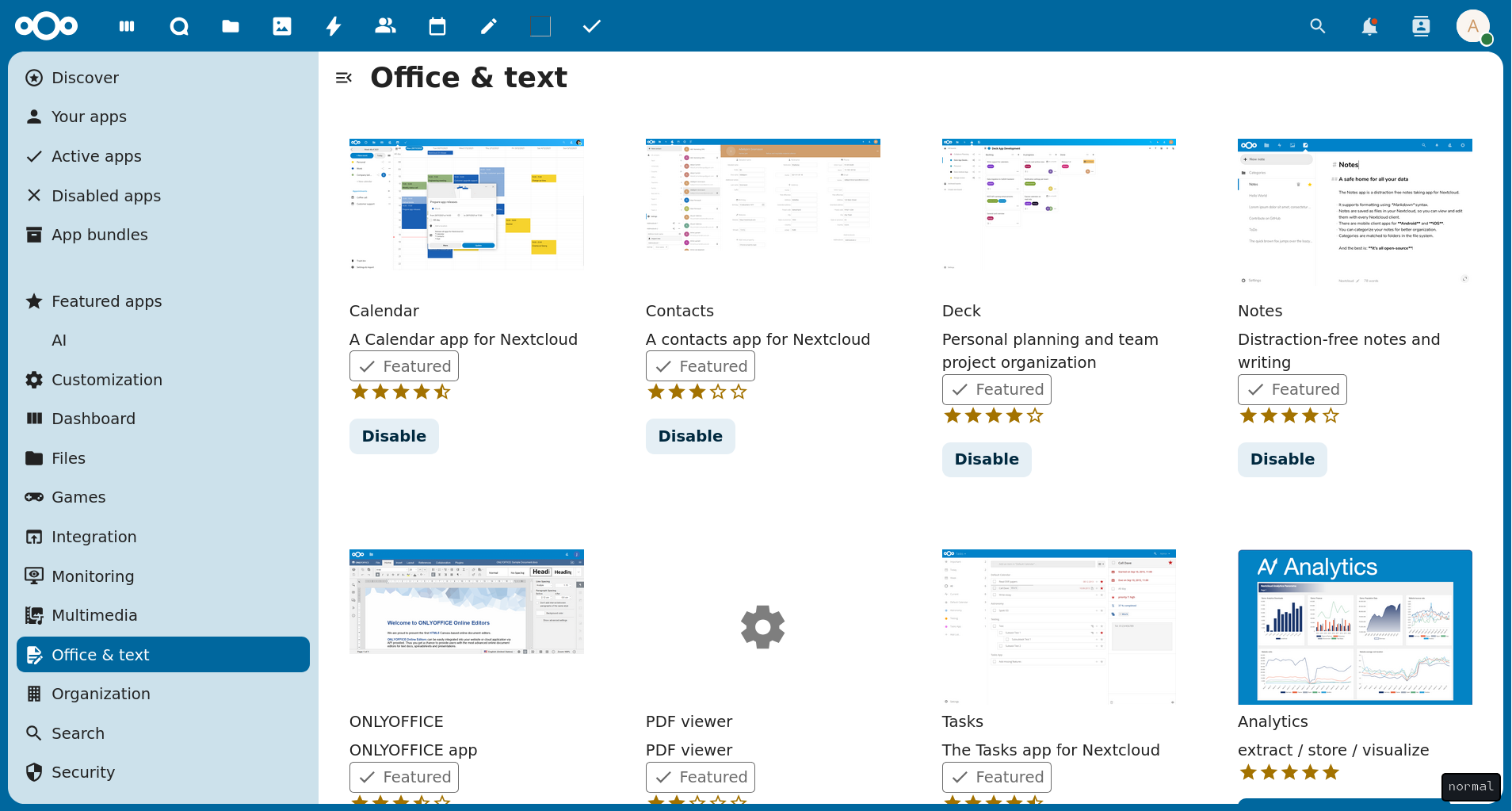 A picture of the Nextcloud app center from which you can install new apps in one click