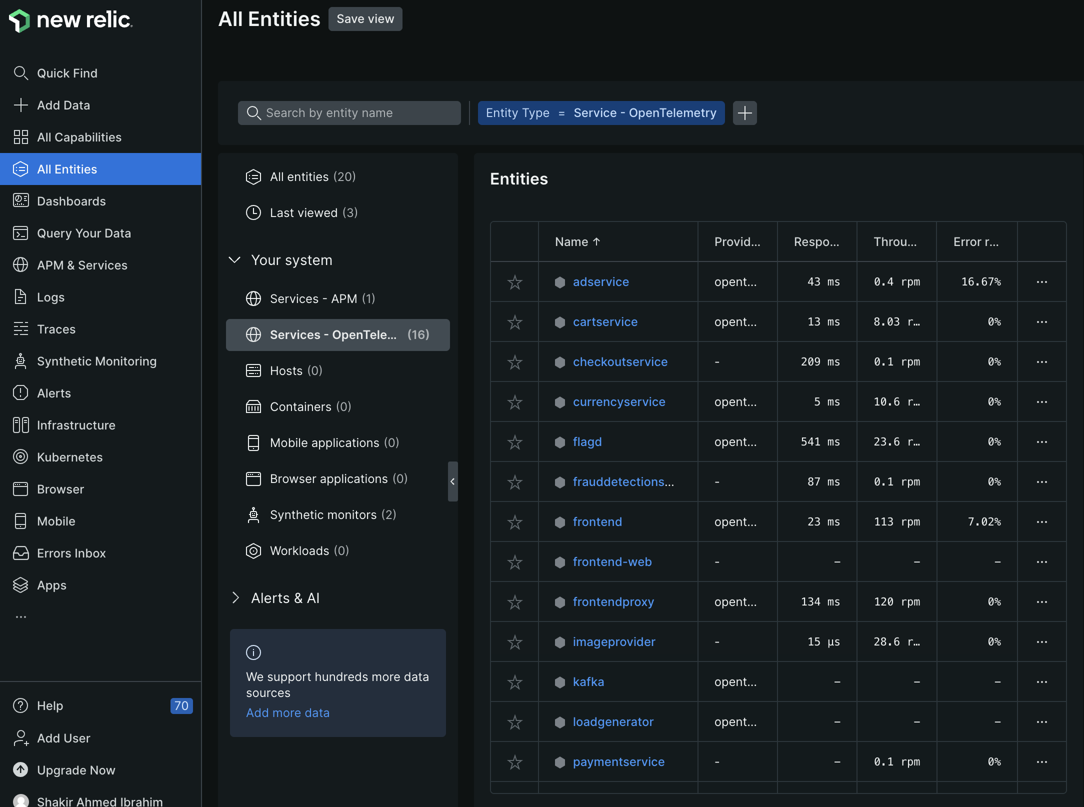 OTEL services in New Relic