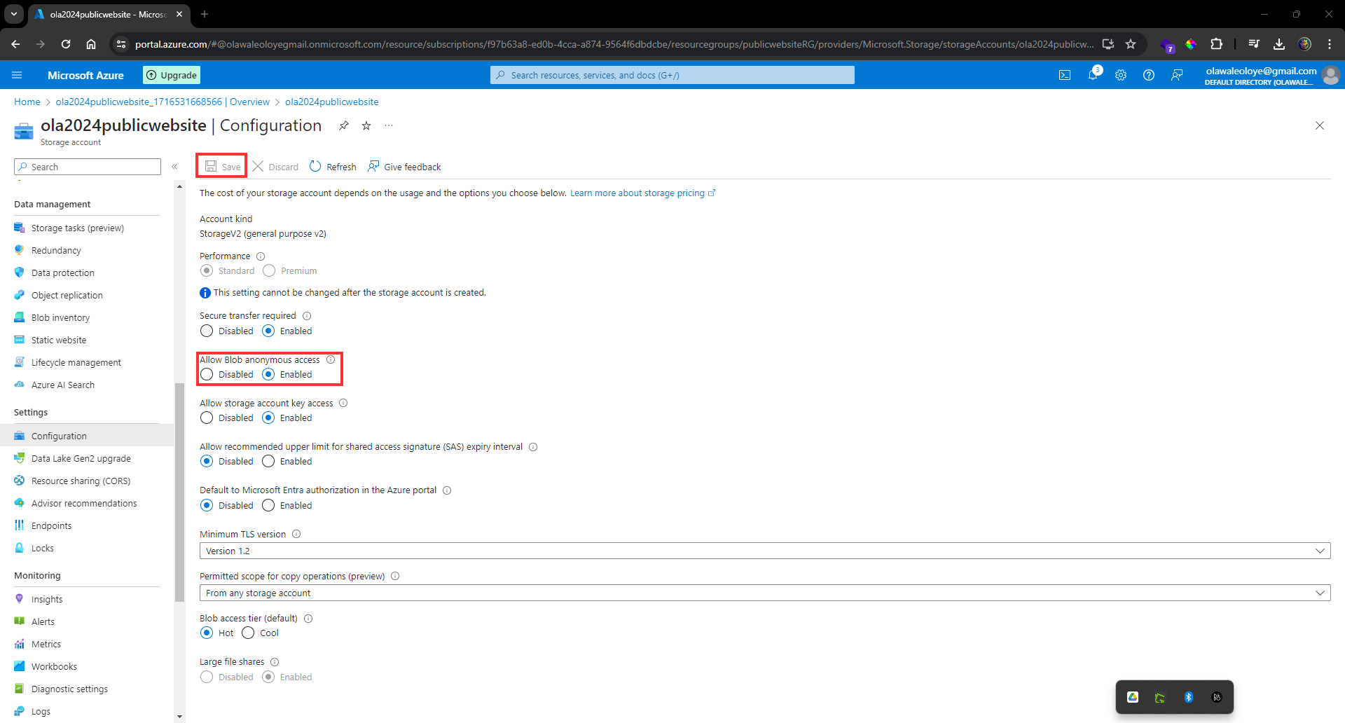 Allow blob anonymous access setting