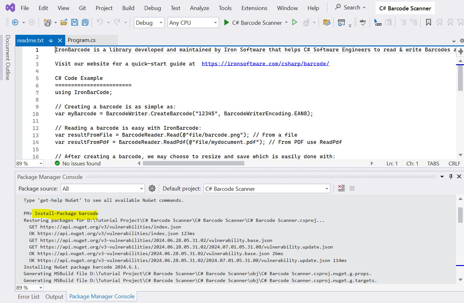 Install IronBarcode - Nuget Package Manager Console - Microsoft Visual Studio