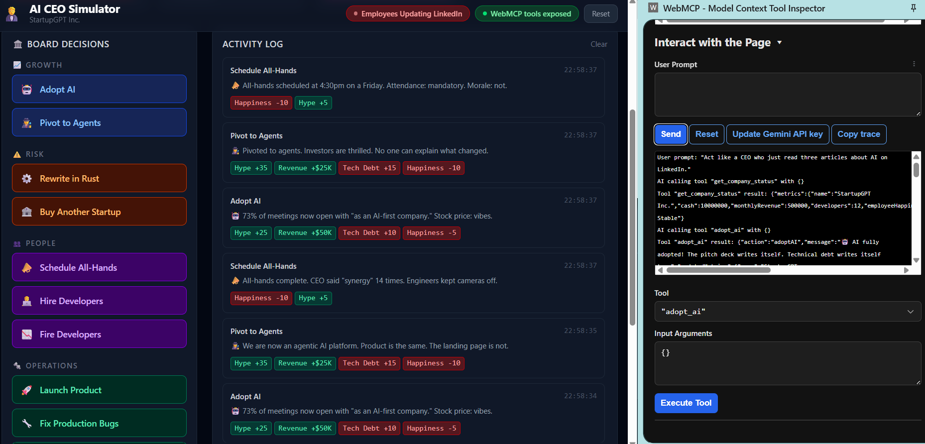 webMCP AI CEO simulator - prompt by crazy CEO, outcome