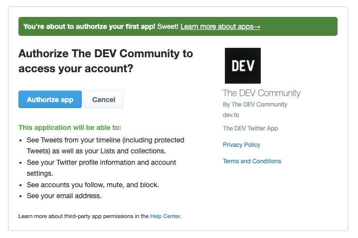 A screenshot of the settings page on Twitter for authorizing DEV