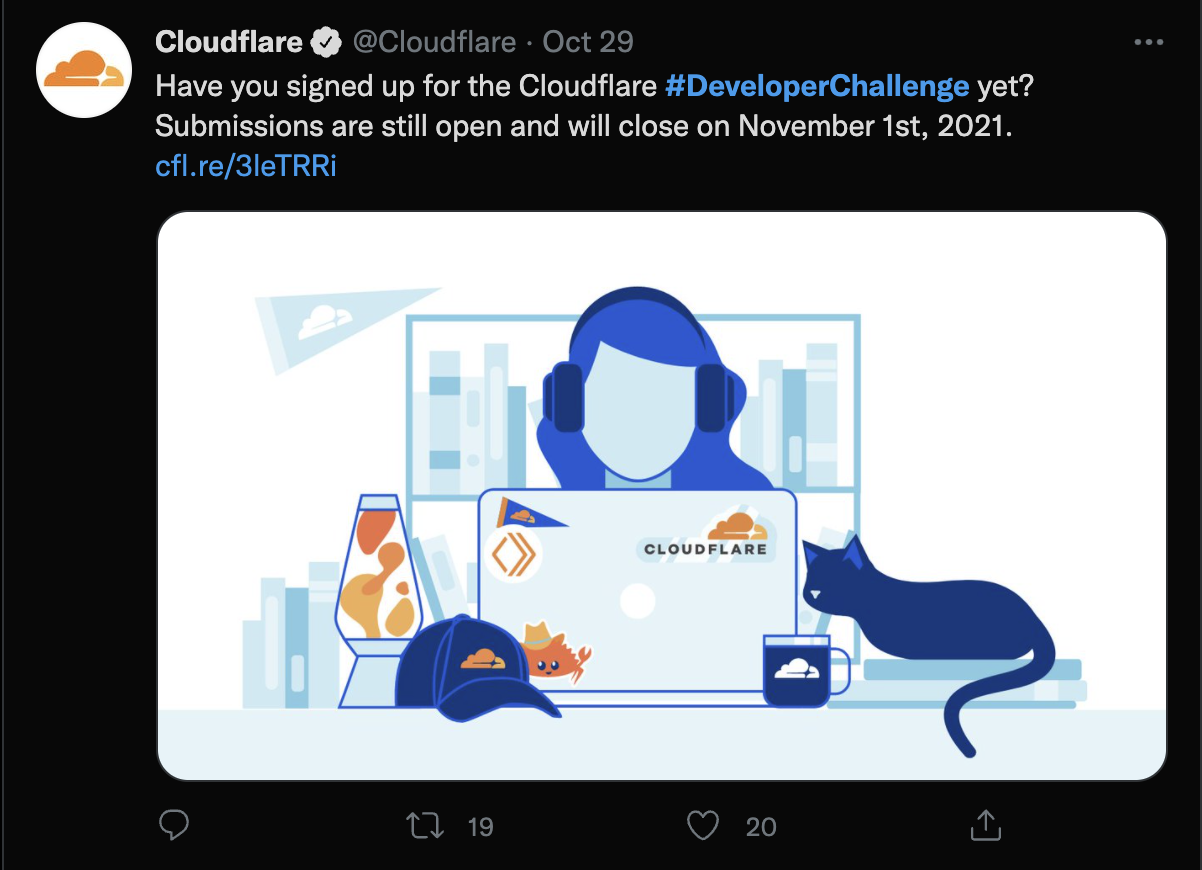 Tweet from @Cloudflare mentioning that submissions for the challenge close on 1 November 2021 and including the #DeveloperChallenge (developer challenge) hashtag