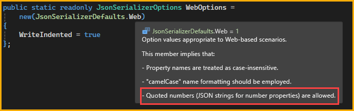 Shows sonSerializerDefaults.Web defaults