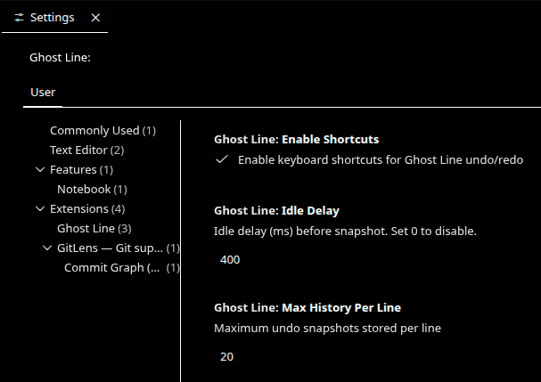 ghostLine.maxHistoryPerLine, idleDelay, and enableShortcuts
