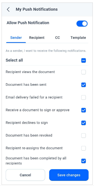 Updating my push notification settings