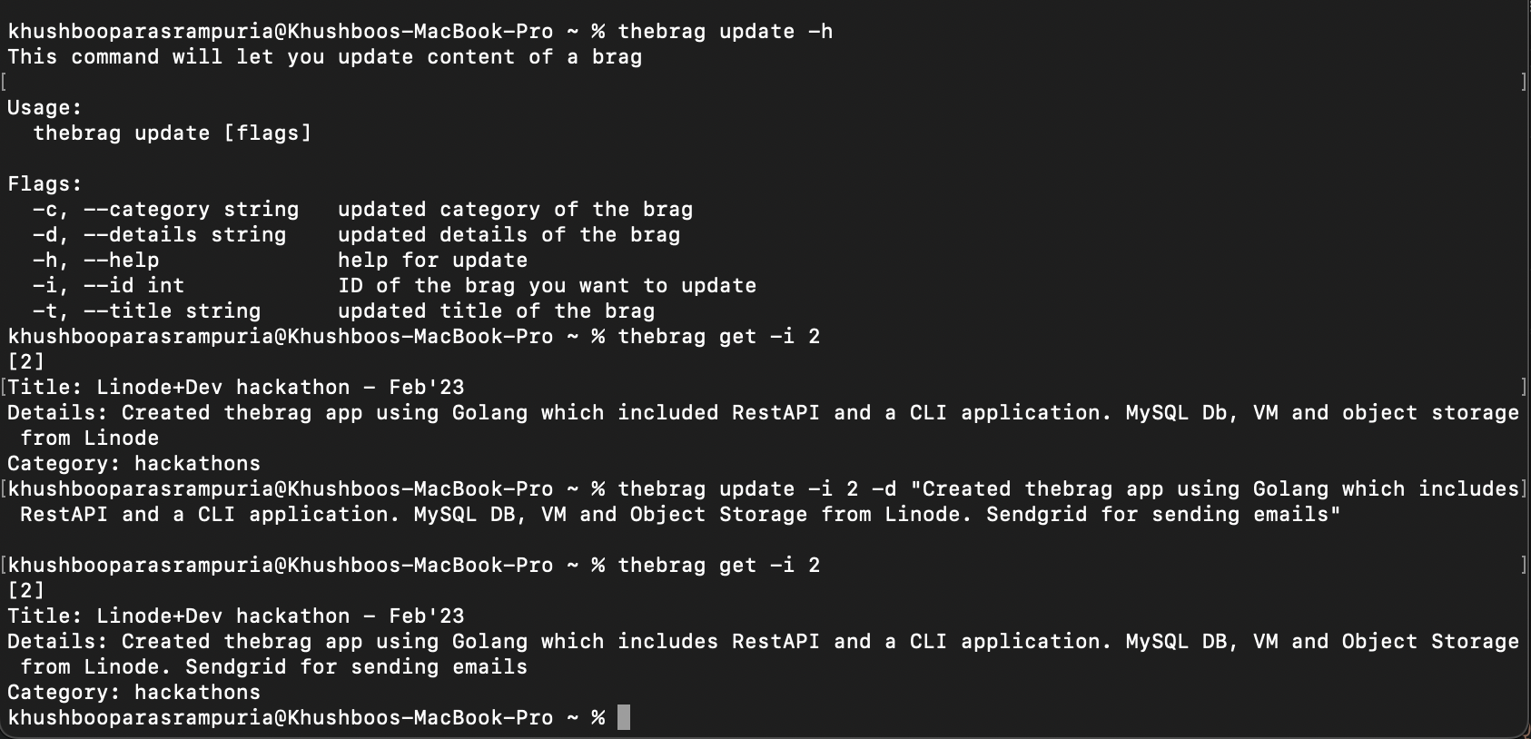 Update a brag command