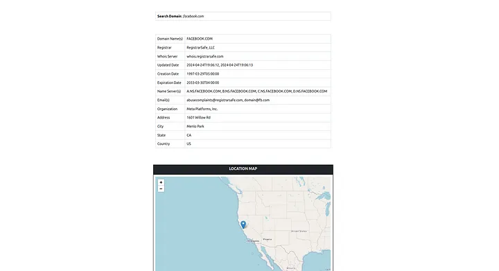 Facebook WHOIS result