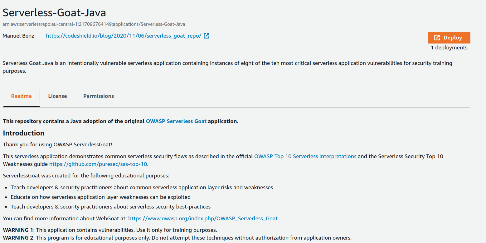 Serverless Goat Java deployed on Eve's Account