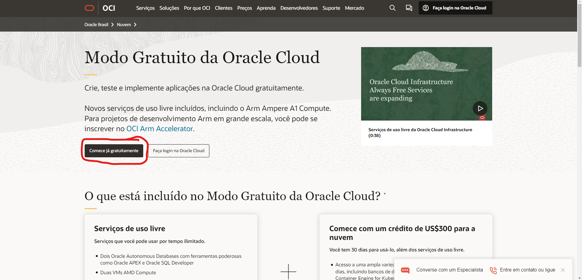Tela de descrição do que está disponível no Oracle Always Free