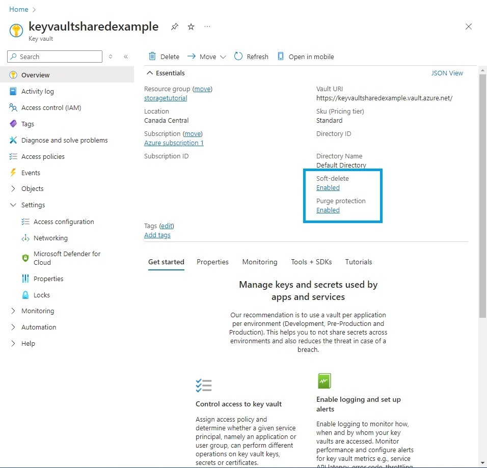 Checking soft-delete and purge protection enabled