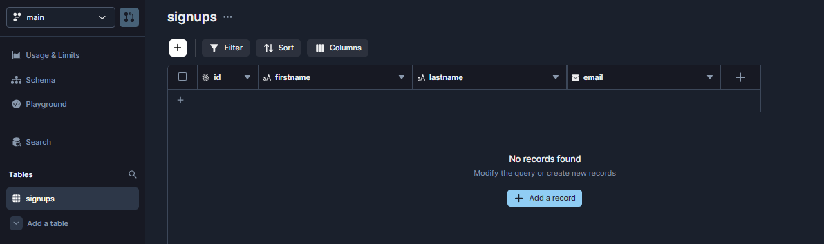The newly created table with the records