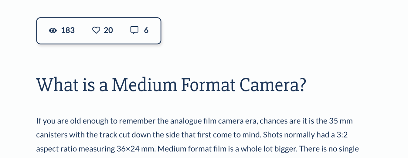 Screenshot of Narcissus demo site with blog post, light theme, meta including post views, likes and comments at the top of a blog post article
