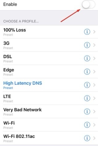 Enable toggle in Network Link Conditioner