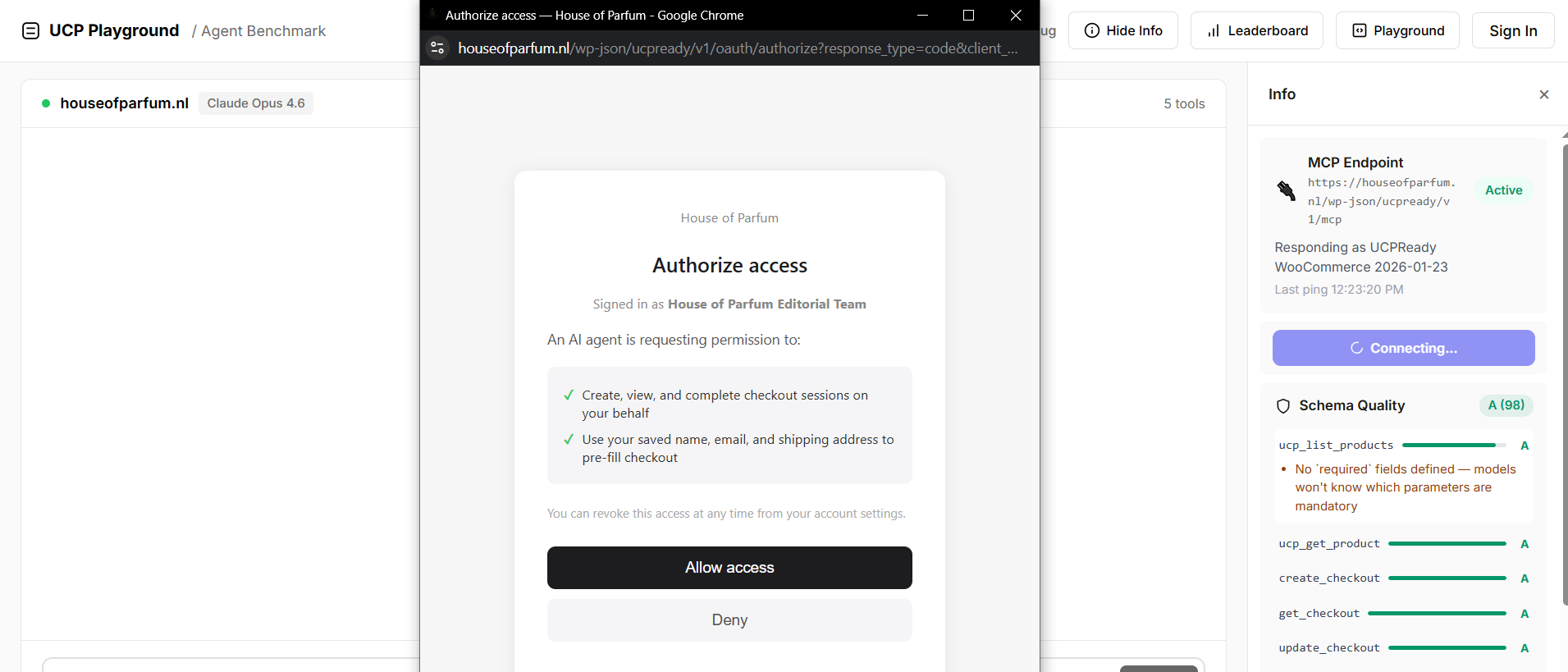 OAuth consent screen on houseofparfum.nl &mdash; AI agent requesting permission to create checkout sessions and pre-fill buyer details