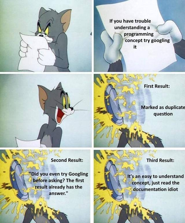 Tom from Tom and Jerry getting pied in the face in response to stackoverflow question