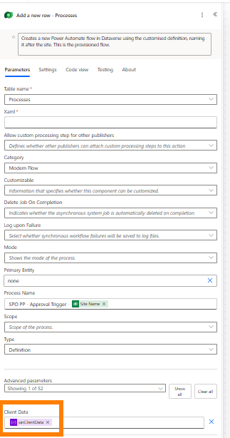 Screenshot: workFlows table row for the template, showing clientdata column in Dataverse