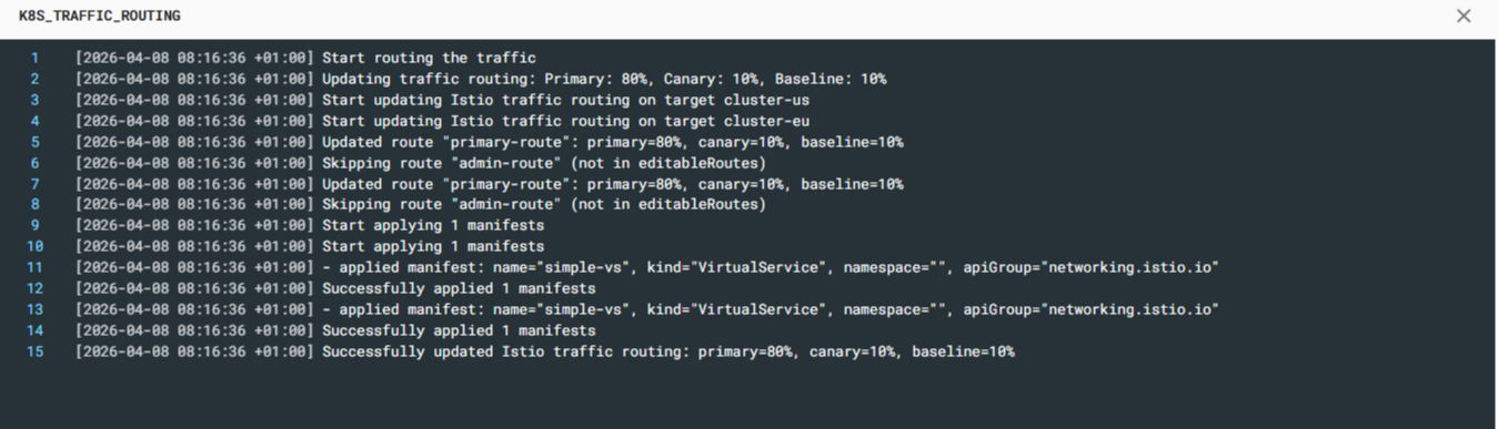 Istio traffic routing stage log per-route logging showing which routes were updated in both clusters