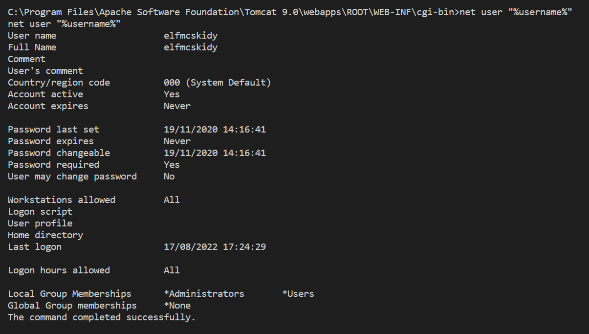 Net User command output