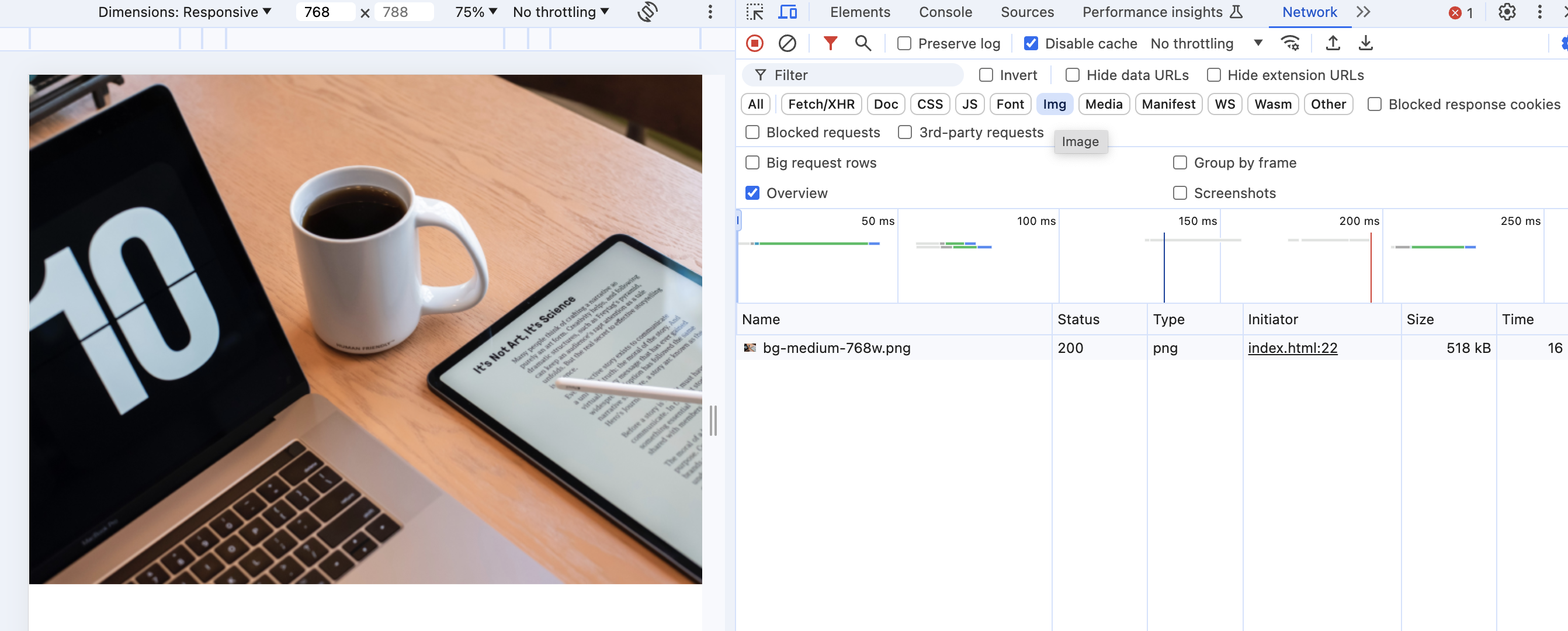 A screenshot of a chrome network tab showing the image rendered on a screen size of 768px