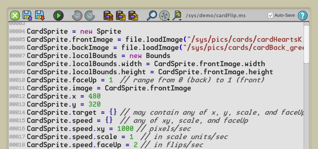 Screen shot of Mini Micro code editor showing the start of the CardSprite class