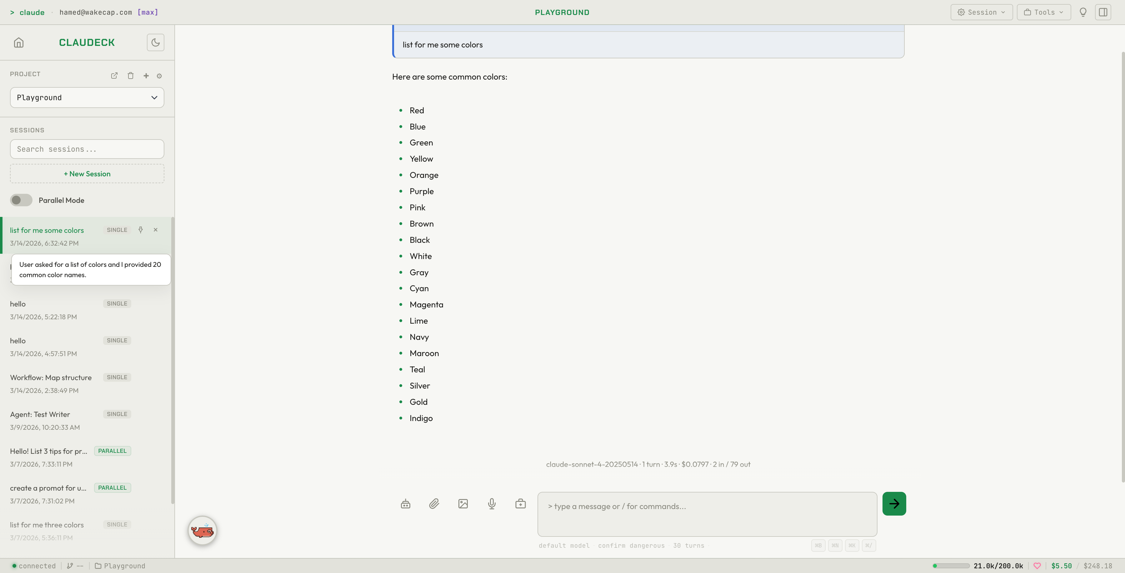 Claudeck Chat — Real-time streaming with session sidebar, Whaly mascot, and status bar