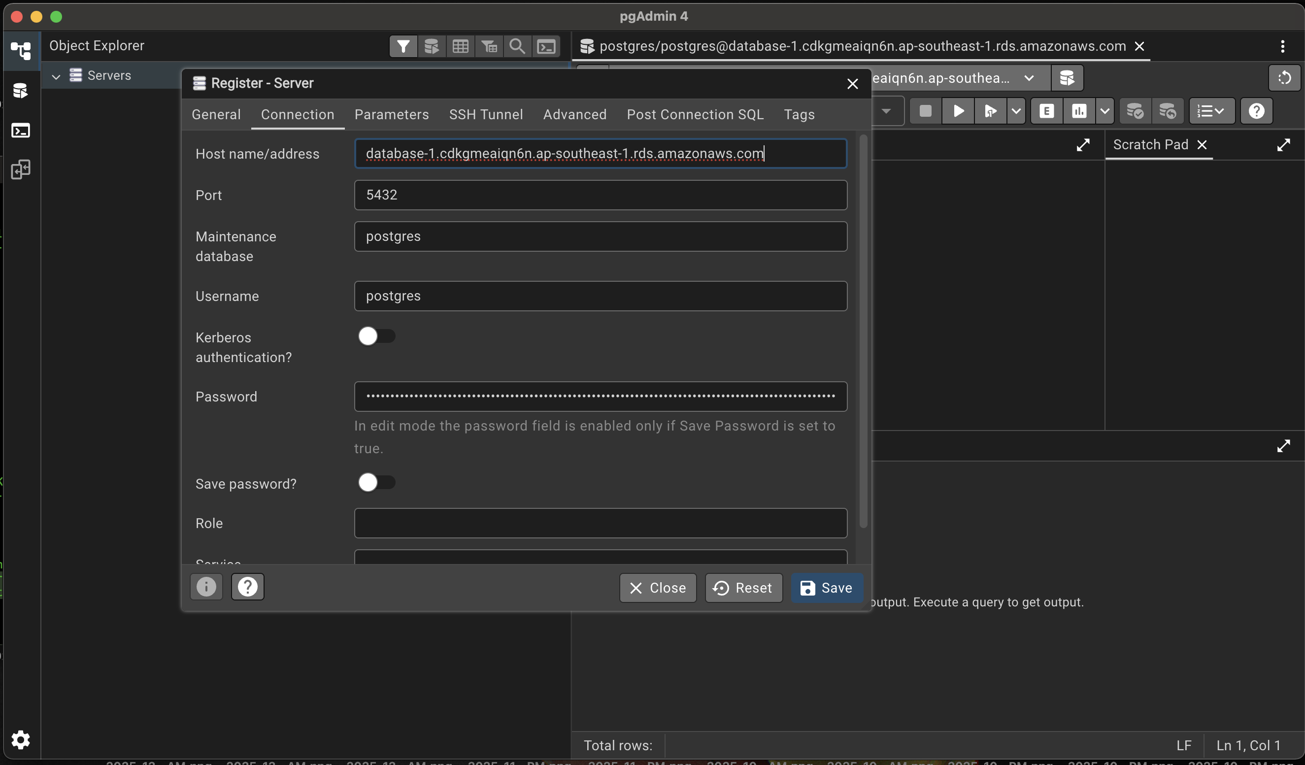 pgAdmin connection settings