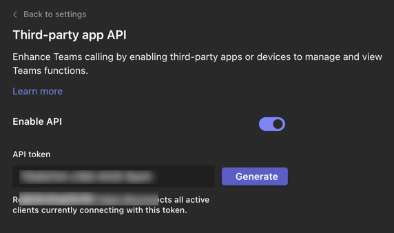 The Teams API key dialog