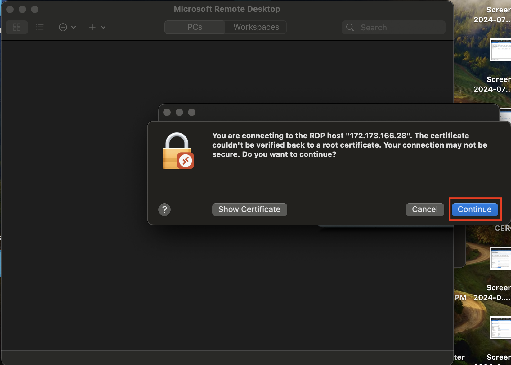 certificate warning prompt
