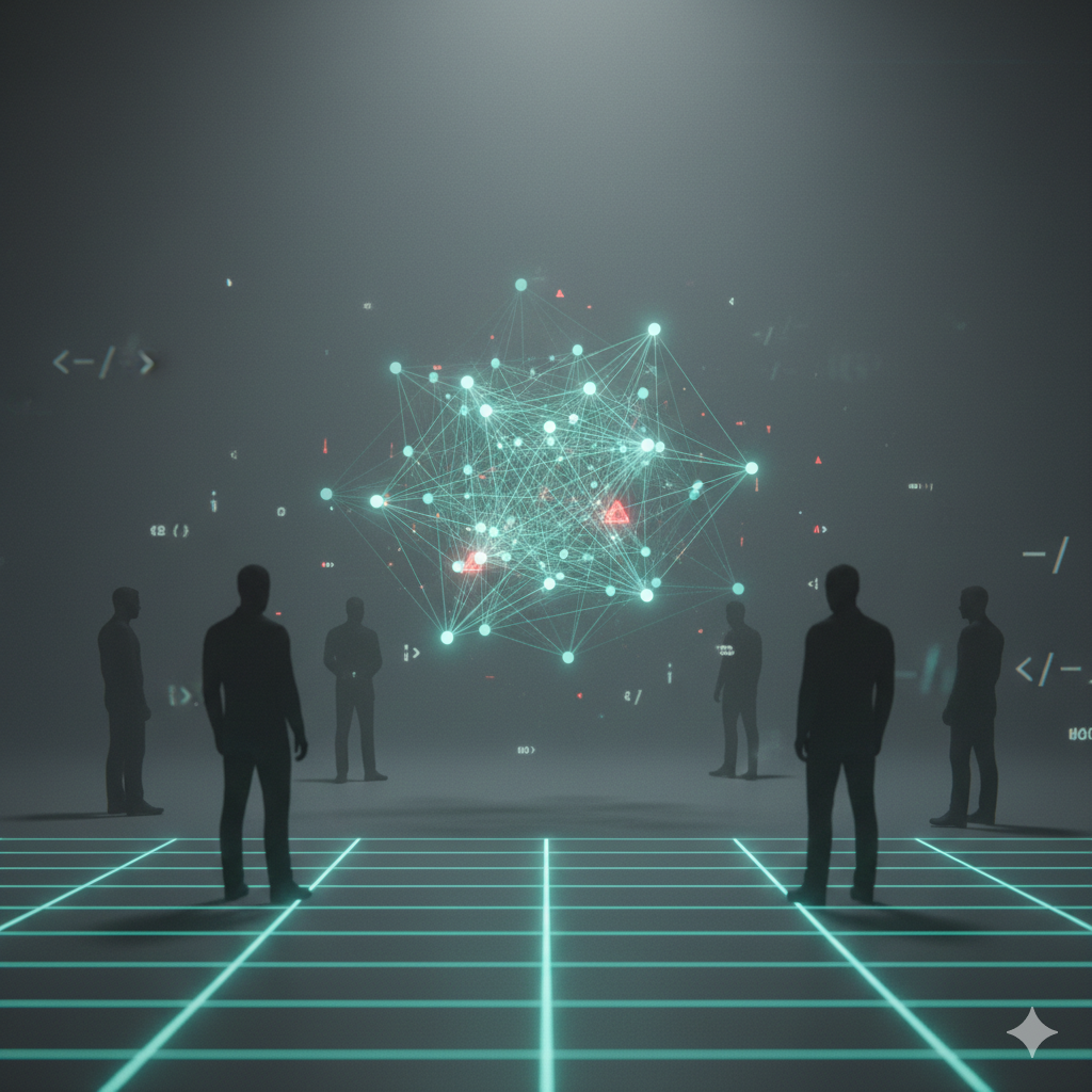 silhouettes of people around a glowing network diagram, calm colors, soft focus, abstract representation of interviews and observation