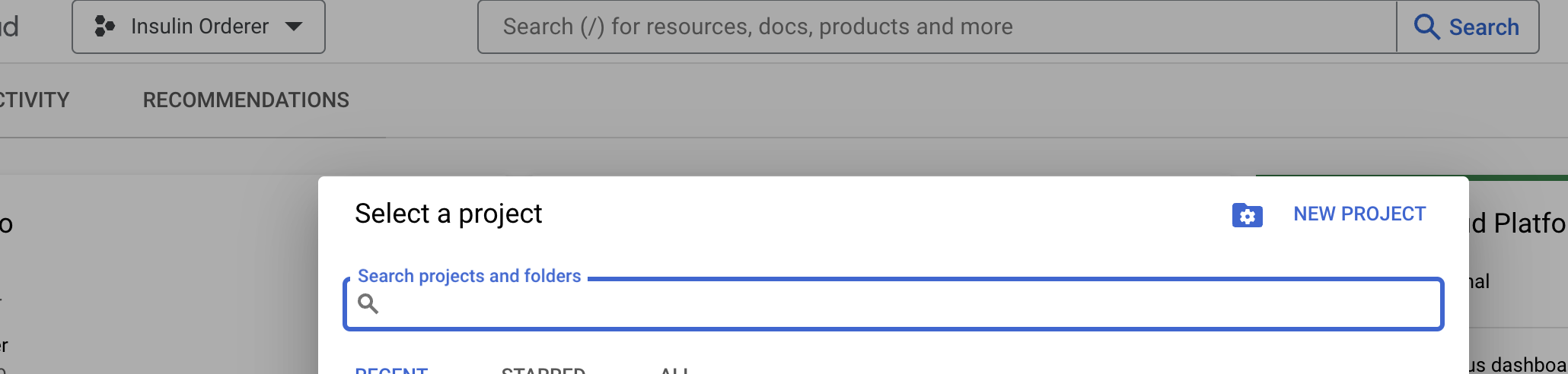 Create a new project in the modal