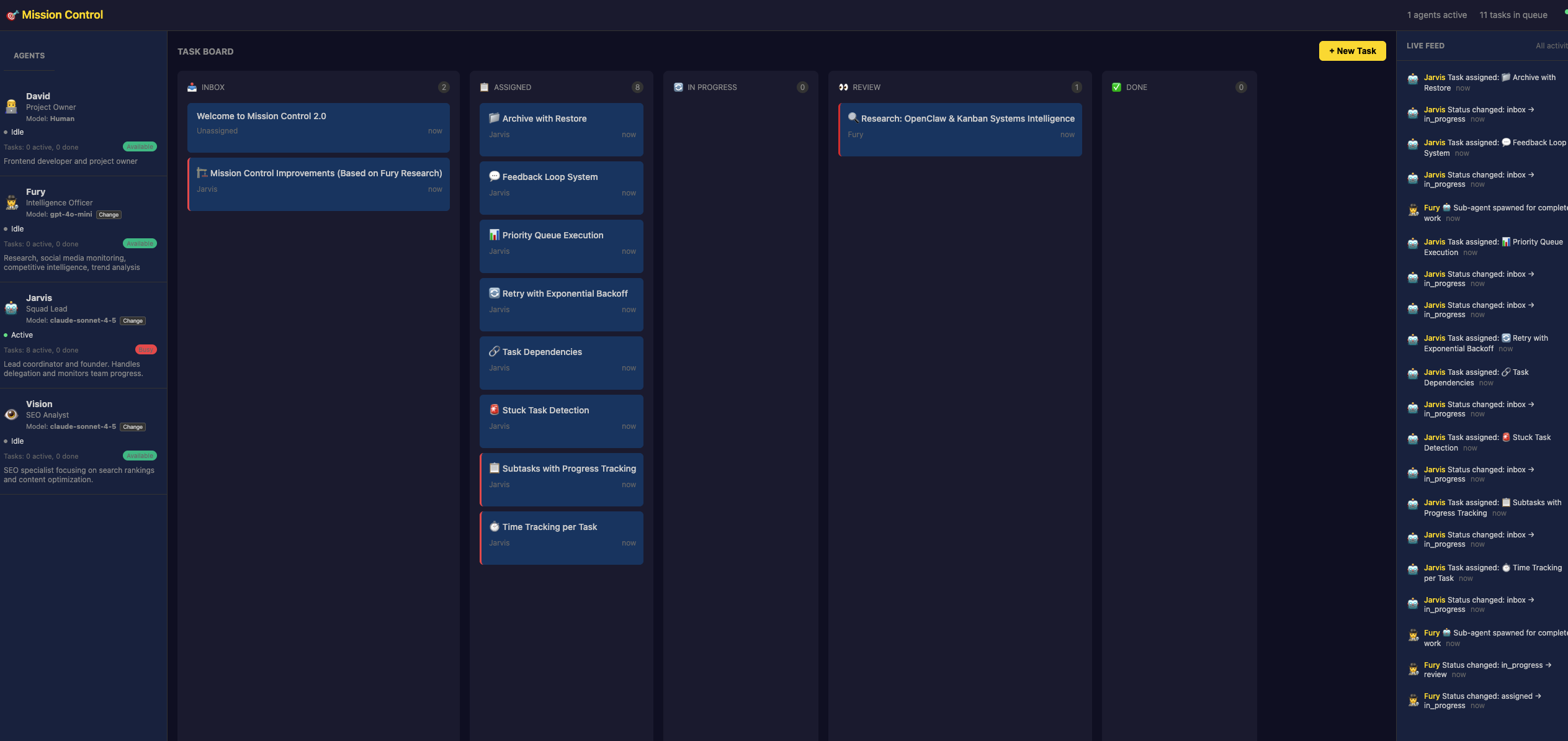 Screenshot of my dashboard showing different agents and a kanban board