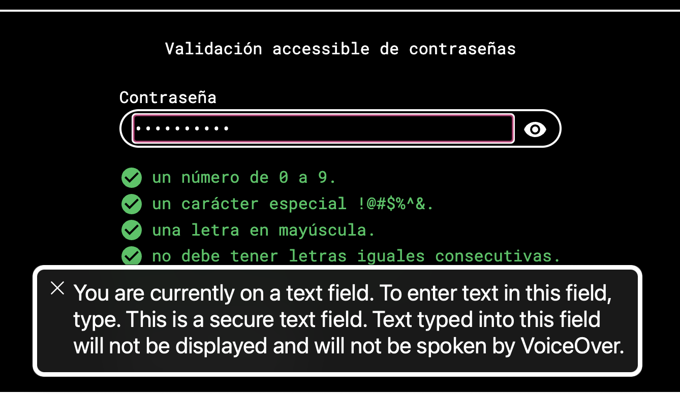 Captura de pantalla del anuncio de voiceover donde se lee "estas en este momento en un campo de texto. Para introducir texto en este campo, tipeá. Este es un campo de texto seguro por lo que el contenido no se mostrará ni se anunciará por voiceover"