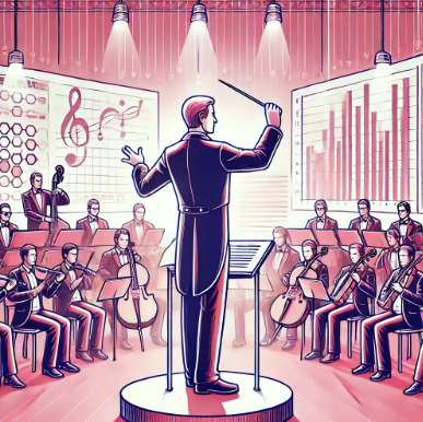 Here is the illustration for the Project Manager depicted as an orchestra conductor, designed in vibrant pink tones. This image portrays the conductor elegantly orchestrating a symphony of developers and engineers in a high-tech concert hall setting, symbolizing leadership and creativity in project management.