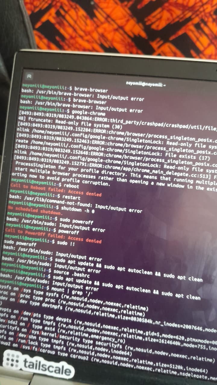 A laptop screen showing a Linux terminal failing to execute commands, flooded with "Read-only file system" and "Input/output error" messages.