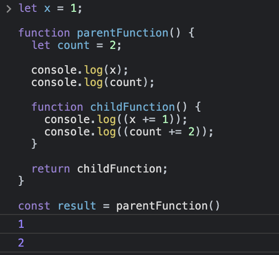 Code Snippet showing Closure Execution