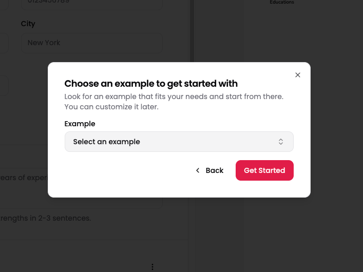CV Forge example resume dialog