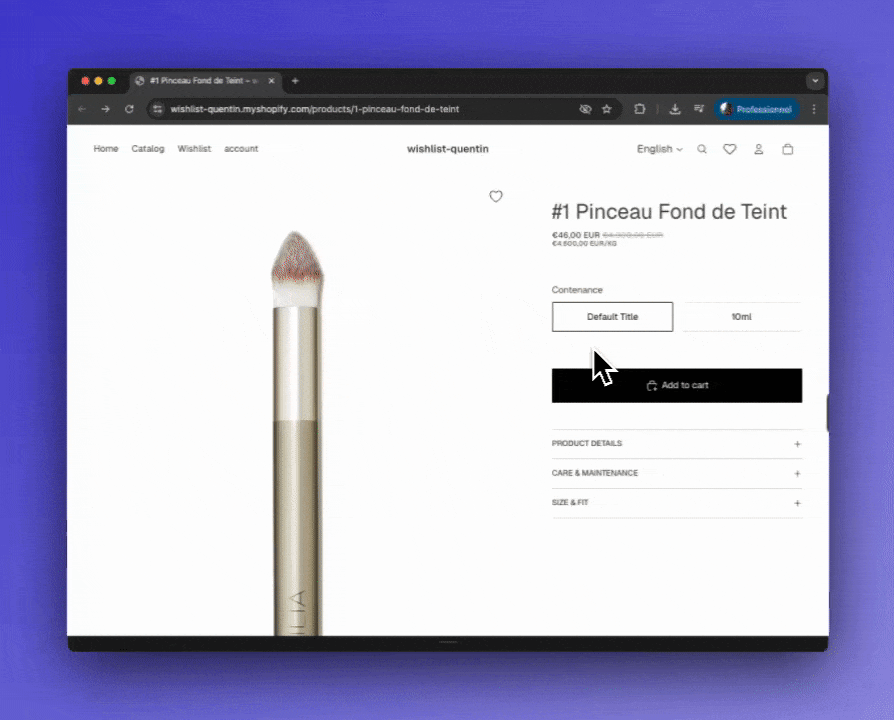 Wishlist button on product image on product pages Fabric theme