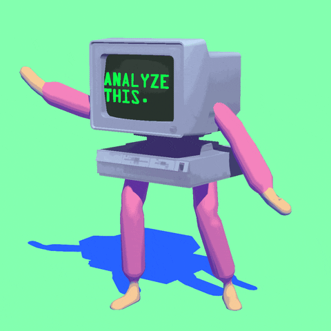 A goofy vaporware-style graphic of a character with an old school computer body/heat that is sitting on top of noodly limbs dances around. Ocassionally their screen reads "analyze this."